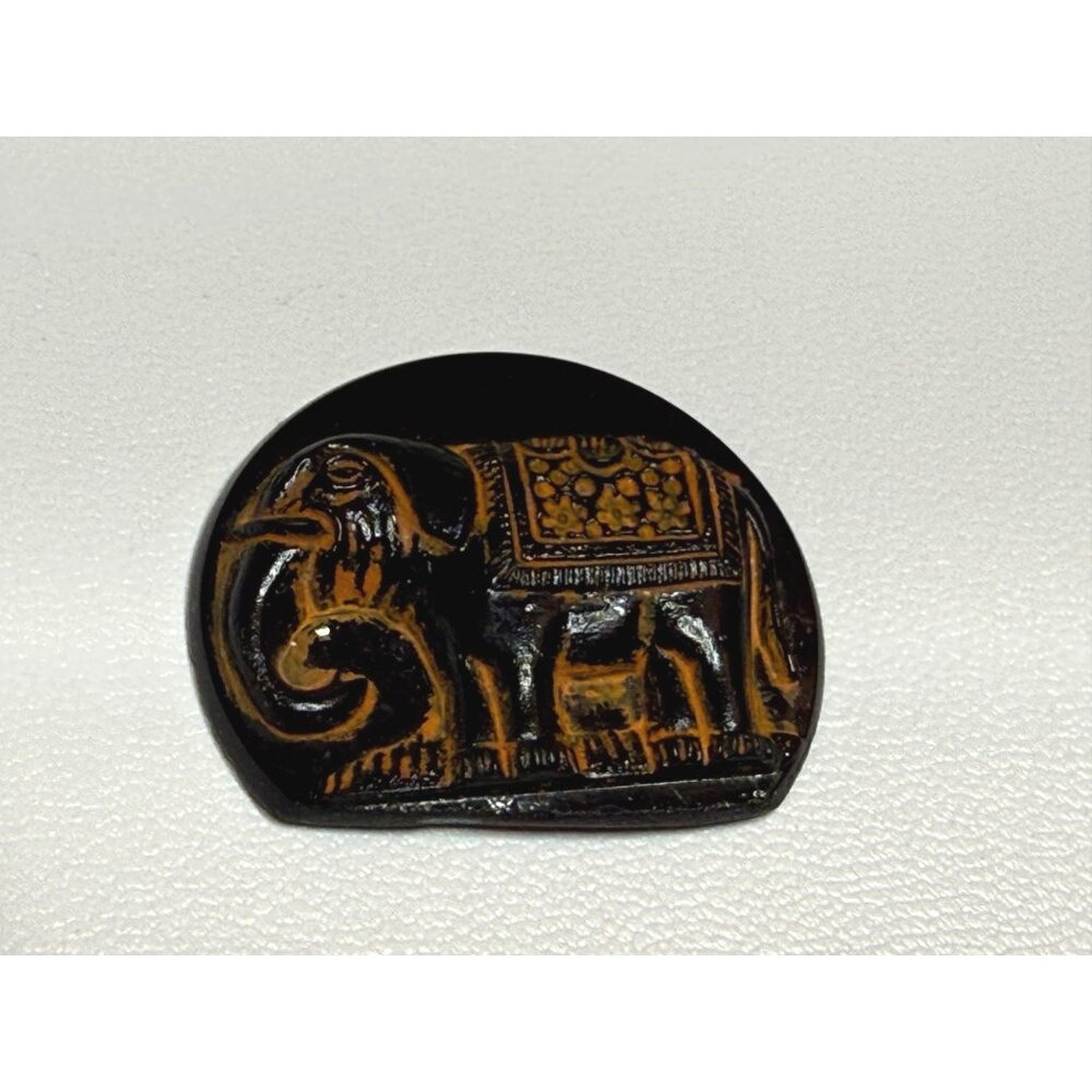 Collectible Vintage Black Resin Carved Elephant Disk Coin Gold Detailing